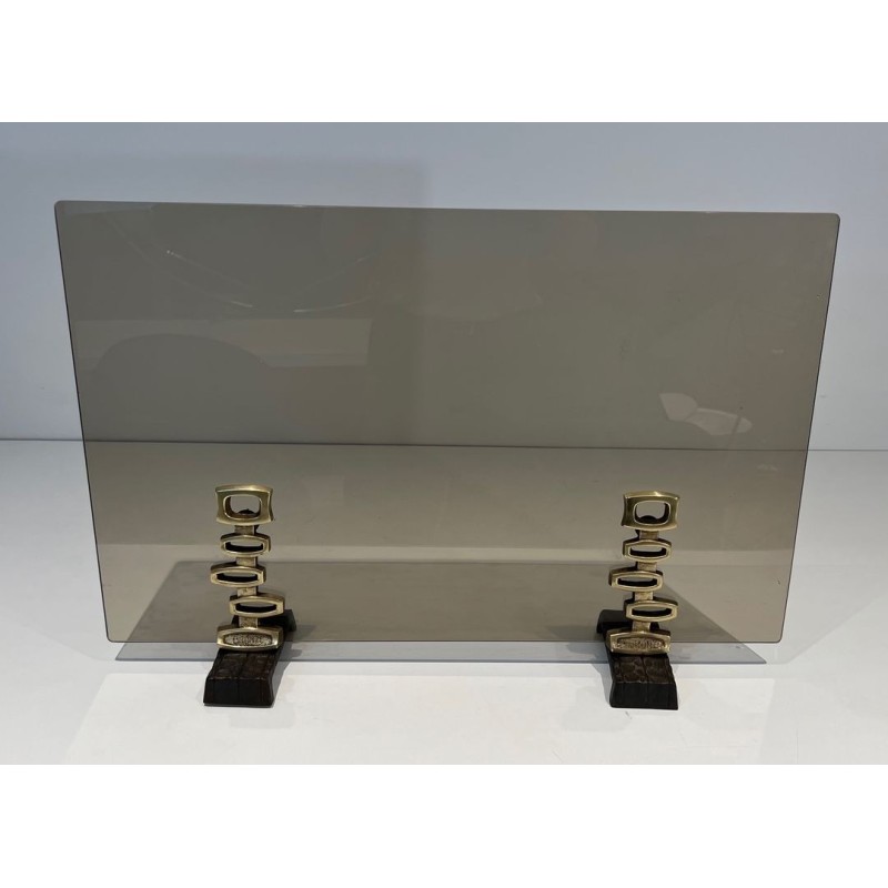 Design Single-Panel Smoked Glass Fireplace Screen on Sculptural Bronze Supports