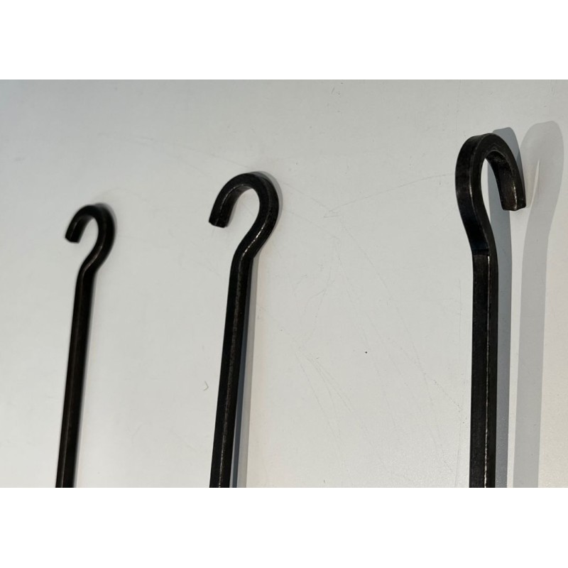 Modernist Steel and Brass Fireplace Companion Set with Hanging Tools on Stand, in the Style of Jacques Adnet