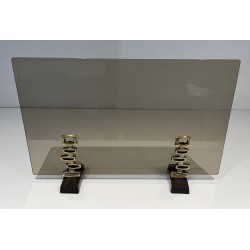 Design Single-Panel Smoked Glass Fireplace Screen on Sculptural Bronze Supports