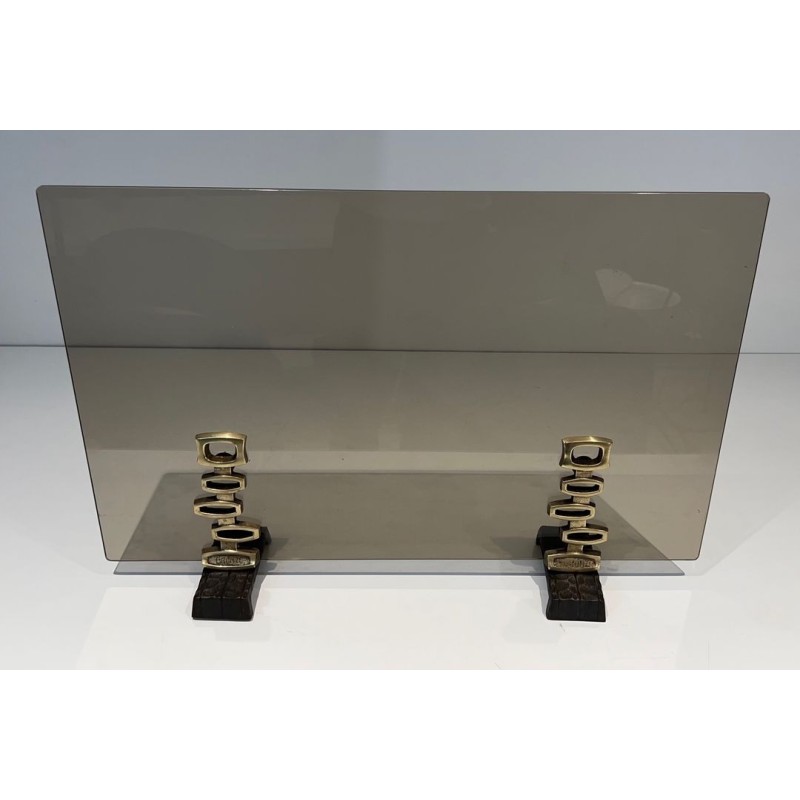 Pare-Feu Design à Panneau Unique en Verre Fumé sur Supports en Bronze Sculpturaux