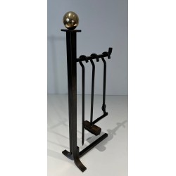 Nécessaire de Feu Moderniste en Acier et Laiton à Outils Suspendus, dans le Goût de Jacques Adnet