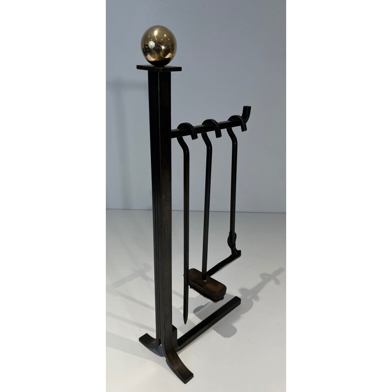 Modernist Steel and Brass Fireplace Companion Set with Hanging Tools on Stand, in the Style of Jacques Adnet