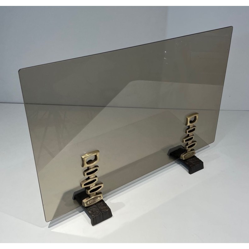 Design Single-Panel Smoked Glass Fireplace Screen on Sculptural Bronze Supports