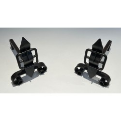 Pair of Wrought Iron Andirons with Obelisk Finials and Belt-and-Buckle Motifs on Scrolled Bases