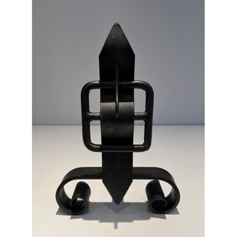 Pair of Wrought Iron Andirons with Obelisk Finials and Belt-and-Buckle Motifs on Scrolled Bases