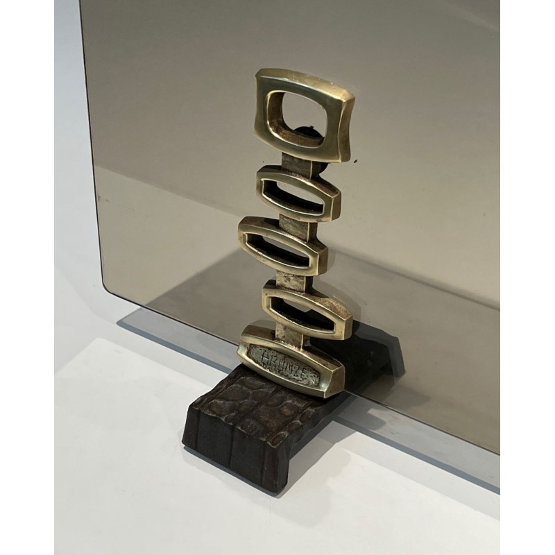 Design Single-Panel Smoked Glass Fireplace Screen on Sculptural Bronze Supports