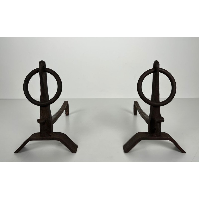 Pair of Modernist Wrought Iron Andirons with Circular Ring Finials and Arched Bases, in the Style of Jacques Adnet