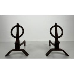 Pair of Modernist Wrought Iron Andirons with Circular Ring Finials and Arched Bases, in the Style of Jacques Adnet