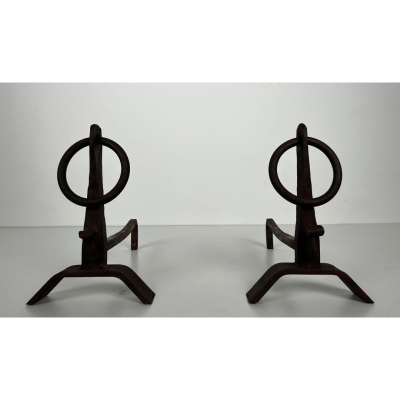 Pair of Modernist Wrought Iron Andirons with Circular Ring Finials and Arched Bases, in the Style of Jacques Adnet