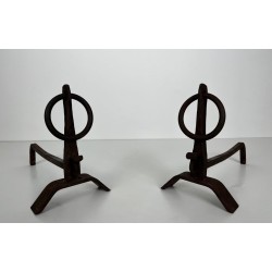 Pair of Modernist Wrought Iron Andirons with Circular Ring Finials and Arched Bases, in the Style of Jacques Adnet