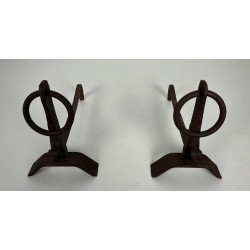 Pair of Modernist Wrought Iron Andirons with Circular Ring Finials and Arched Bases, in the Style of Jacques Adnet