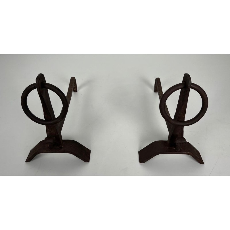 Pair of Modernist Wrought Iron Andirons with Circular Ring Finials and Arched Bases, in the Style of Jacques Adnet