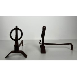 Pair of Modernist Wrought Iron Andirons with Circular Ring Finials and Arched Bases, in the Style of Jacques Adnet