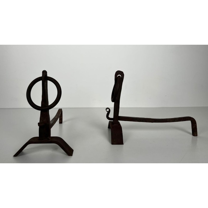 Pair of Modernist Wrought Iron Andirons with Circular Ring Finials and Arched Bases, in the Style of Jacques Adnet