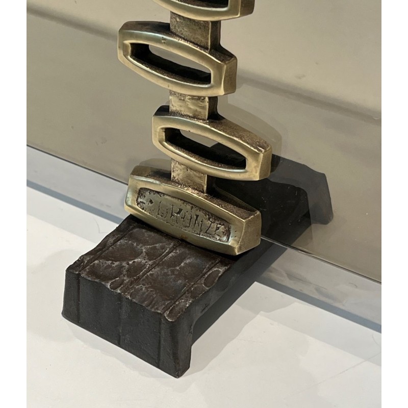 Pare-Feu Design à Panneau Unique en Verre Fumé sur Supports en Bronze Sculpturaux