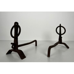 Pair of Modernist Wrought Iron Andirons with Circular Ring Finials and Arched Bases, in the Style of Jacques Adnet