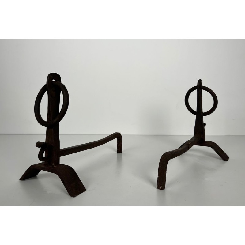 Pair of Modernist Wrought Iron Andirons with Circular Ring Finials and Arched Bases, in the Style of Jacques Adnet