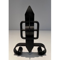 Pair of Wrought Iron Andirons with Obelisk Finials and Belt-and-Buckle Motifs on Scrolled Bases