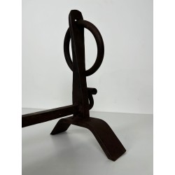 Pair of Modernist Wrought Iron Andirons with Circular Ring Finials and Arched Bases, in the Style of Jacques Adnet