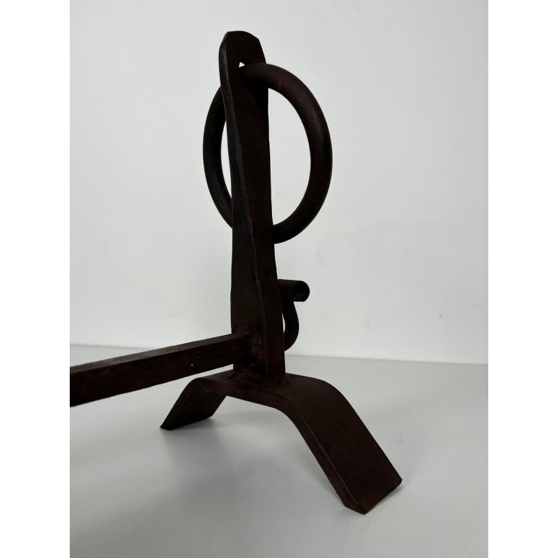 Pair of Modernist Wrought Iron Andirons with Circular Ring Finials and Arched Bases, in the Style of Jacques Adnet