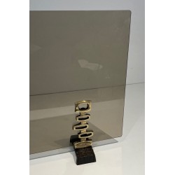 Pare-Feu Design à Panneau Unique en Verre Fumé sur Supports en Bronze Sculpturaux