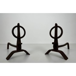 Pair of Modernist Wrought Iron Andirons with Circular Ring Finials and Arched Bases, in the Style of Jacques Adnet