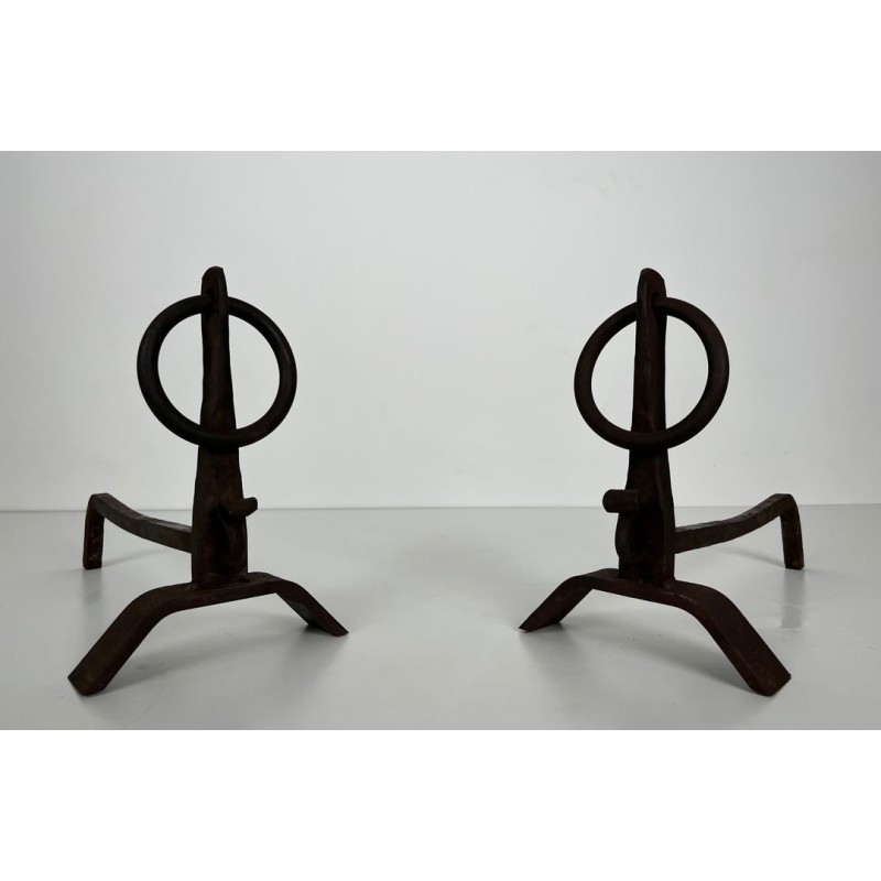 Pair of Modernist Wrought Iron Andirons with Circular Ring Finials and Arched Bases, in the Style of Jacques Adnet