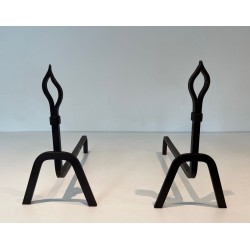 Pair of Modernist Wrought Iron Andirons with Stylised Flame Finials and Splayed Angular Bases