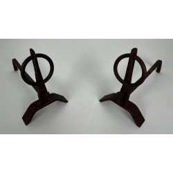 Pair of Modernist Wrought Iron Andirons with Circular Ring Finials and Arched Bases, in the Style of Jacques Adnet