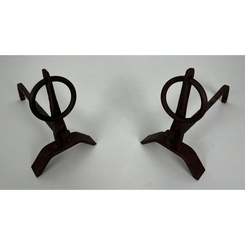 Pair of Modernist Wrought Iron Andirons with Circular Ring Finials and Arched Bases, in the Style of Jacques Adnet