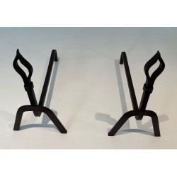 Pair of Modernist Wrought Iron Andirons with Stylised Flame Finials and Splayed Angular Bases
