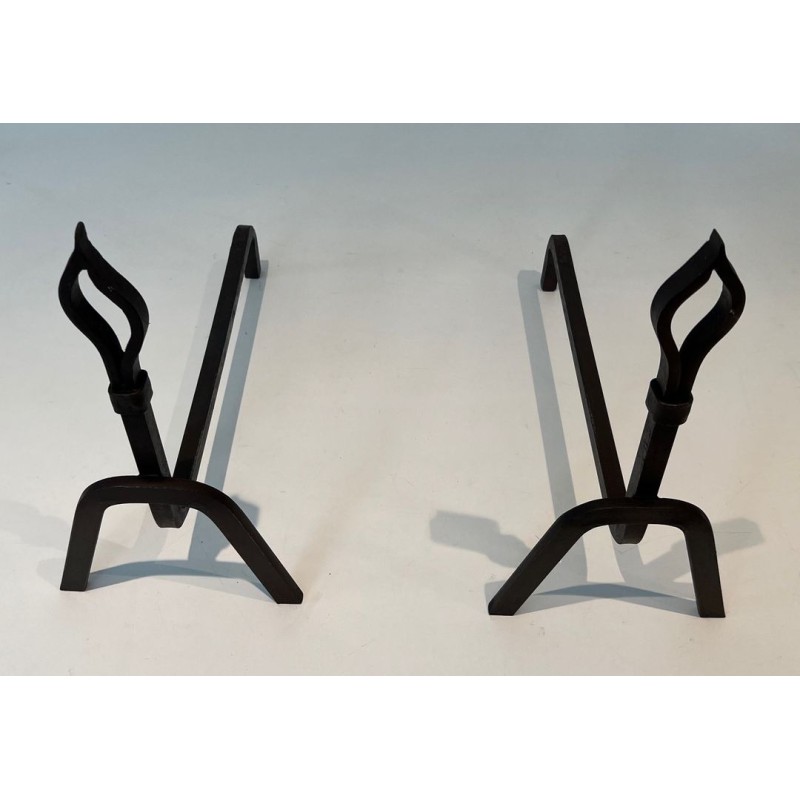 Pair of Modernist Wrought Iron Andirons with Stylised Flame Finials and Splayed Angular Bases