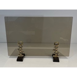 Design Single-Panel Smoked Glass Fireplace Screen on Sculptural Bronze Supports