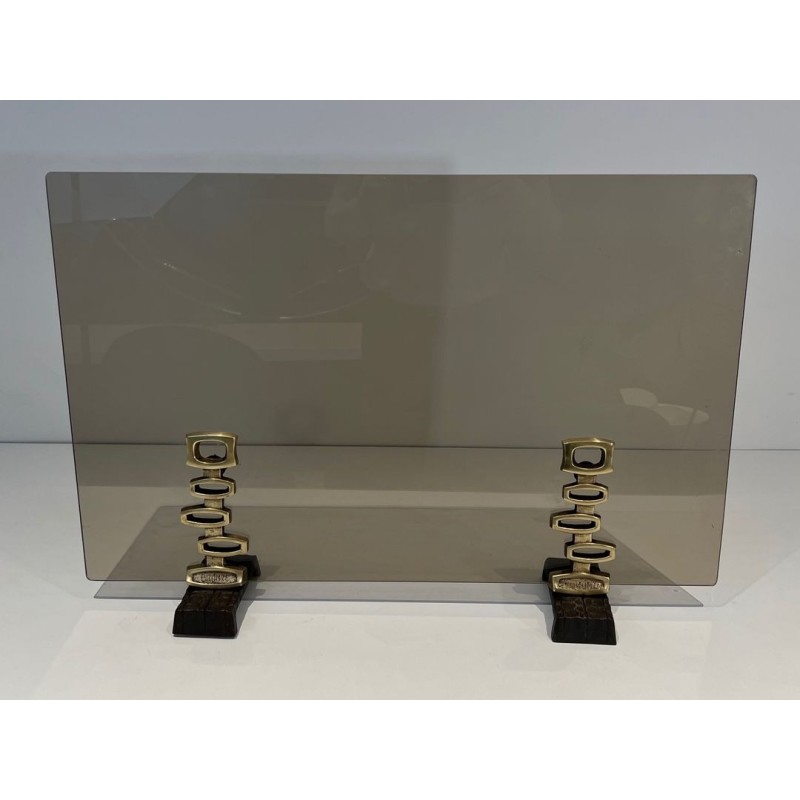 Pare-Feu Design à Panneau Unique en Verre Fumé sur Supports en Bronze Sculpturaux