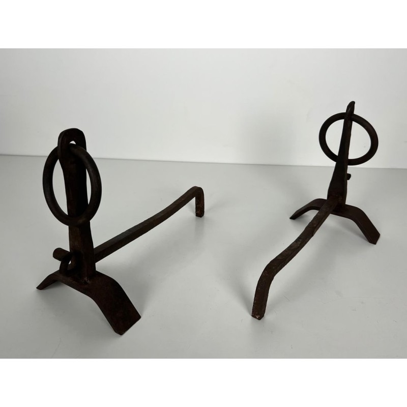 Pair of Modernist Wrought Iron Andirons with Circular Ring Finials and Arched Bases, in the Style of Jacques Adnet