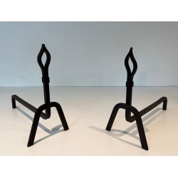 Pair of Modernist Wrought Iron Andirons with Stylised Flame Finials and Splayed Angular Bases