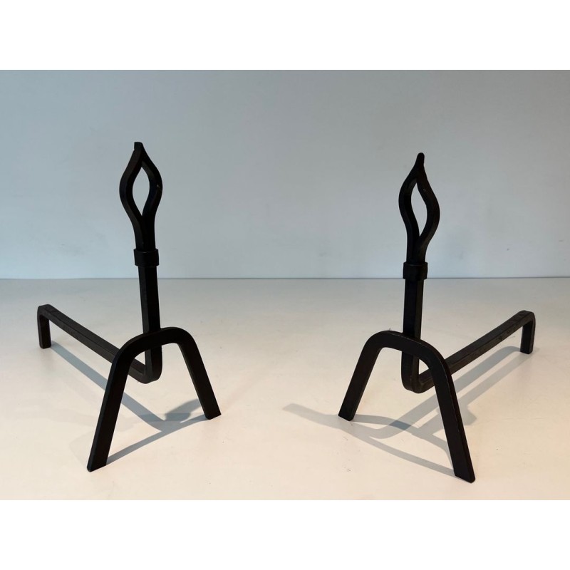 Pair of Modernist Wrought Iron Andirons with Stylised Flame Finials and Splayed Angular Bases
