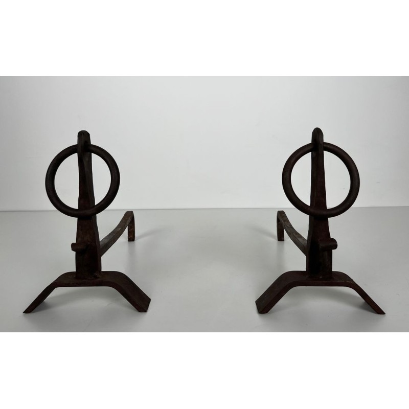 Pair of Modernist Wrought Iron Andirons with Circular Ring Finials and Arched Bases, in the Style of Jacques Adnet