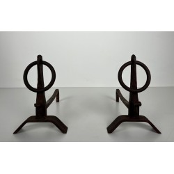 Pair of Modernist Wrought Iron Andirons with Circular Ring Finials and Arched Bases, in the Style of Jacques Adnet