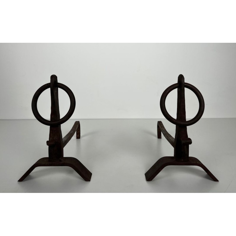 Pair of Modernist Wrought Iron Andirons with Circular Ring Finials and Arched Bases, in the Style of Jacques Adnet