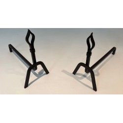 Pair of Modernist Wrought Iron Andirons with Stylised Flame Finials and Splayed Angular Bases