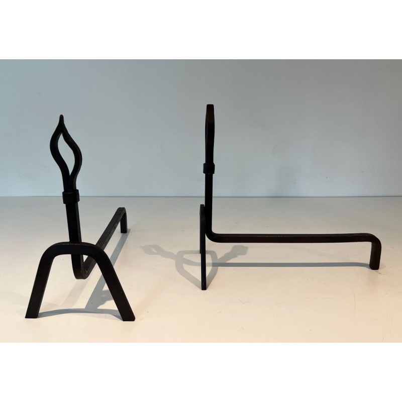 Pair of Modernist Wrought Iron Andirons with Stylised Flame Finials and Splayed Angular Bases