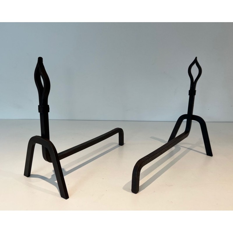 Pair of Modernist Wrought Iron Andirons with Stylised Flame Finials and Splayed Angular Bases
