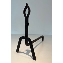 Pair of Modernist Wrought Iron Andirons with Stylised Flame Finials and Splayed Angular Bases