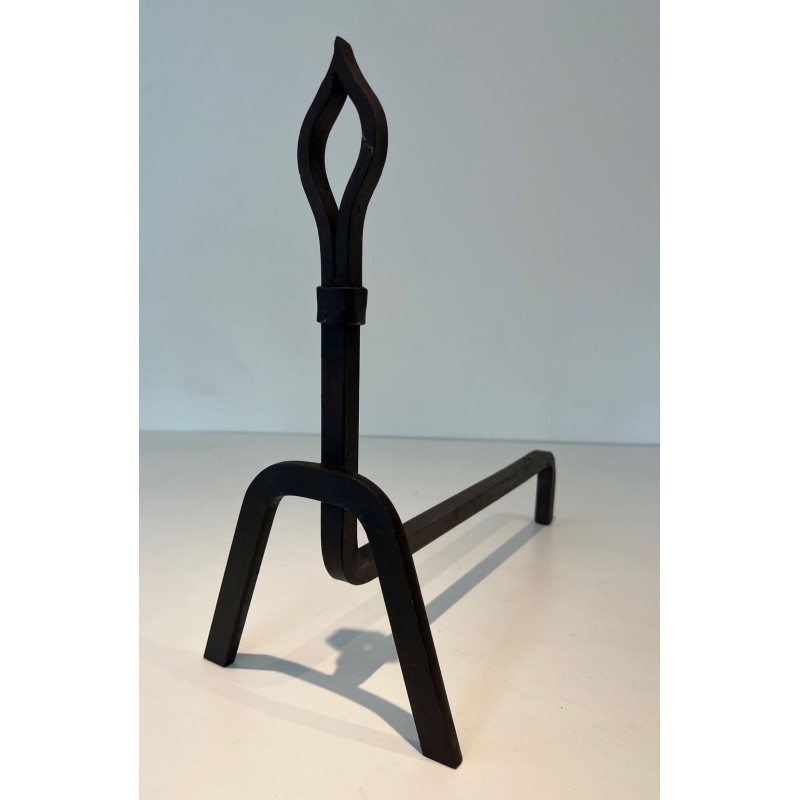 Pair of Modernist Wrought Iron Andirons with Stylised Flame Finials and Splayed Angular Bases