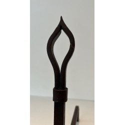 Pair of Modernist Wrought Iron Andirons with Stylised Flame Finials and Splayed Angular Bases
