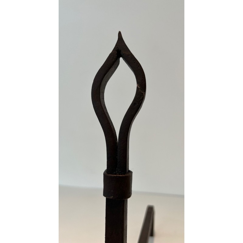 Pair of Modernist Wrought Iron Andirons with Stylised Flame Finials and Splayed Angular Bases
