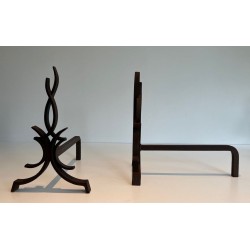 Pair of Wrought Iron Andirons with Stylised Flamboyant Uprights and Scrolled Feet, by Raymond Subes