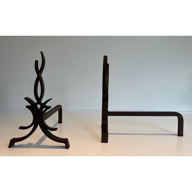 Pair of Wrought Iron Andirons with Stylised Flamboyant Uprights and Scrolled Feet, by Raymond Subes