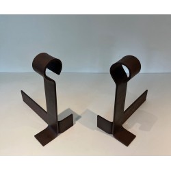 Important Pair of Modernist Wrought Iron Andirons with Circular Loop Finials and Anchor-Form Bases